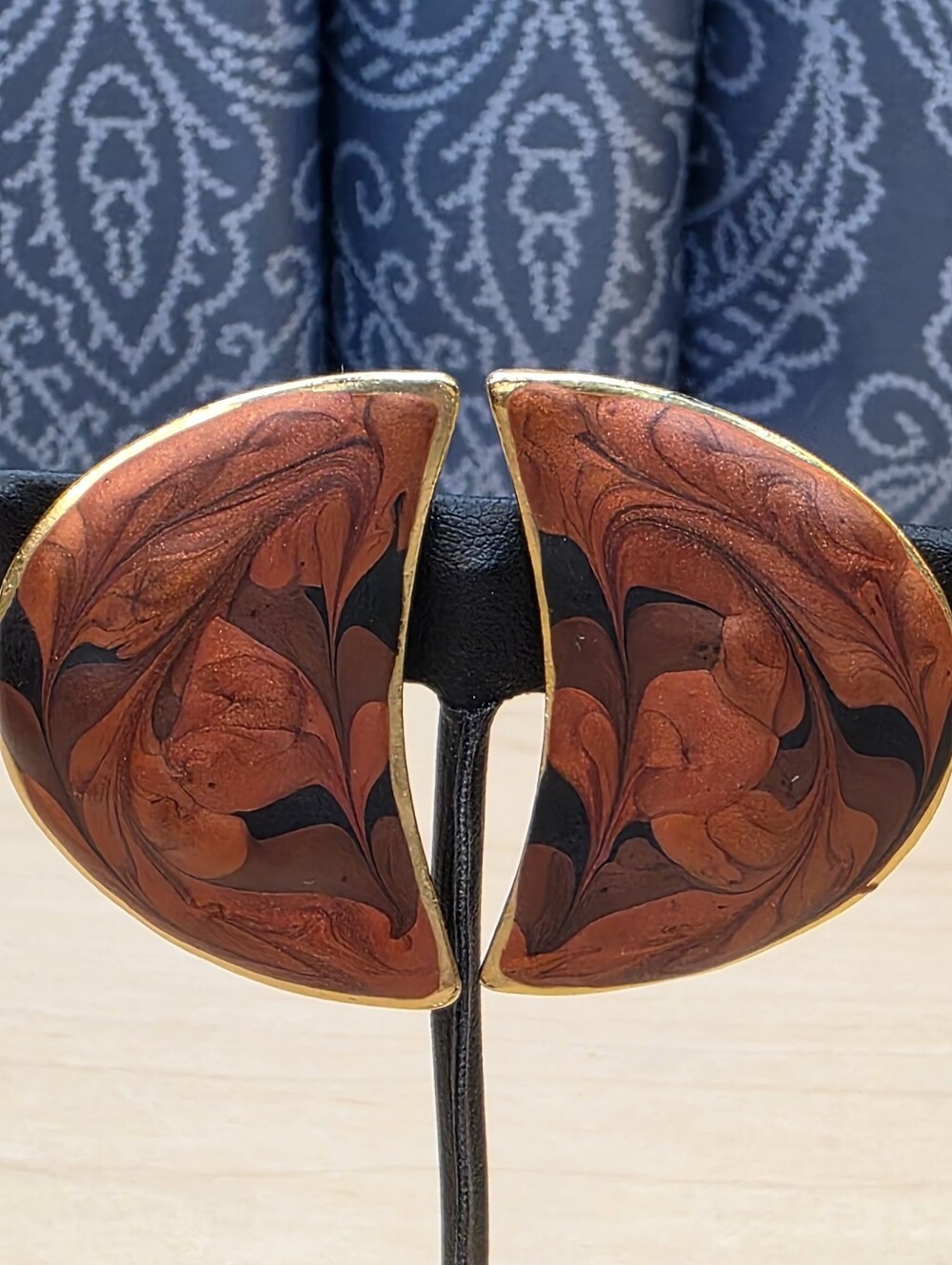 Edgar Berebi Marbled Copper & Brown Color Enamel Crescent Clip-On Earrings